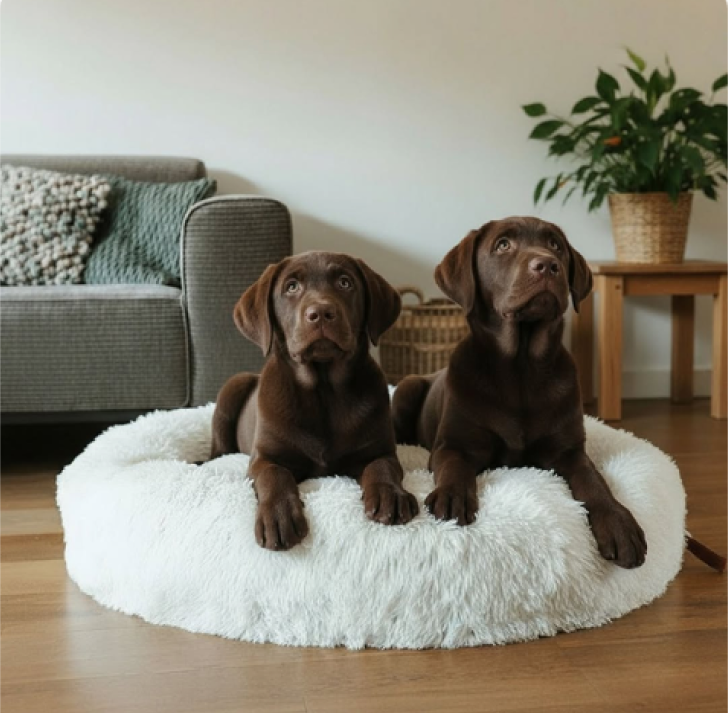 Ruskea labradorinnoutaja makaa pyöreällä ja valkoisella MrFluffyFriend-pörröpedillä
